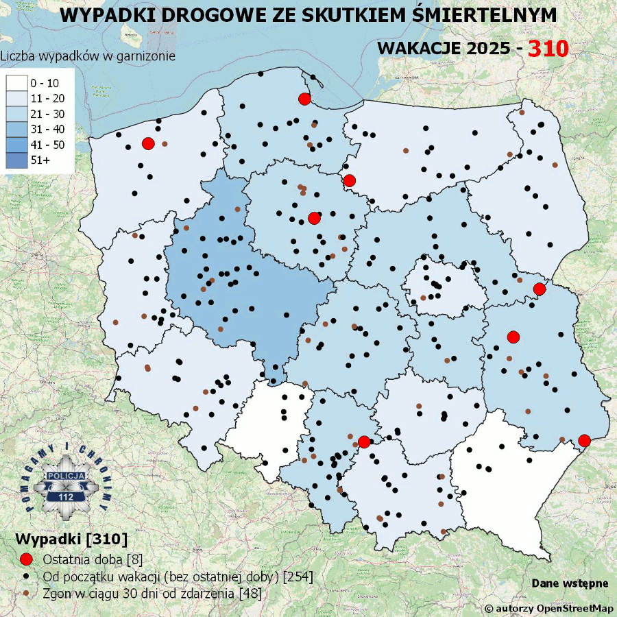Mapa prezentująca liczbę wypadków poprzedniej doby w Polsce. Prezentowane dane są dostępne w tekście poniżej.