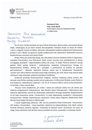List od Elżbiety Witek - Minister Spraw Wewnętrznych i Administracji